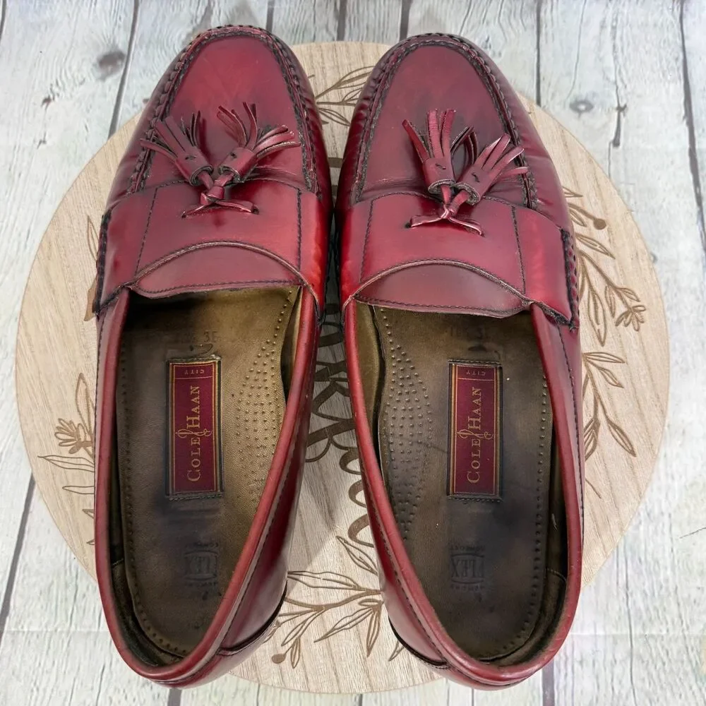 Cole Haan Pinch Tassel Loafers Men 10.5 Burgundy Oxblood Leather Dress Shoes